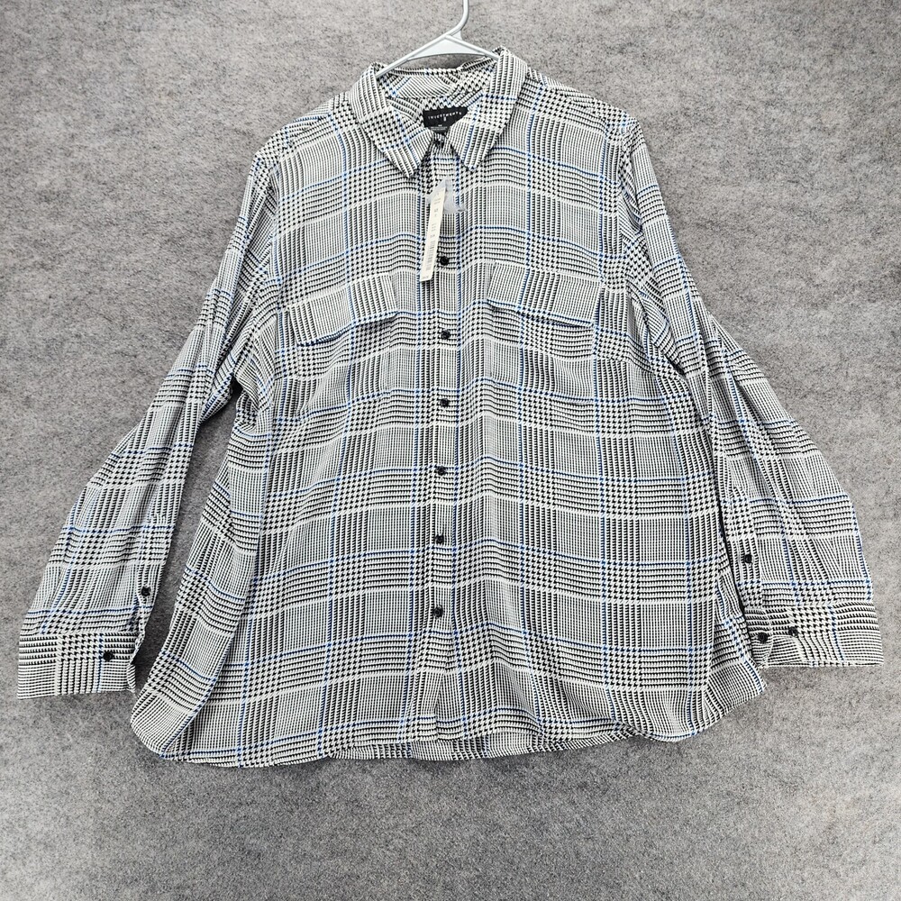 Investments Top Womens 1X Button Up Roll Tab Sleeve Black Plaid